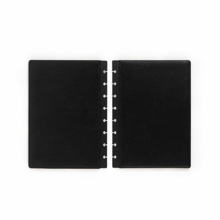 cuero tapa negra anverso y reverso cuaderno reutilizable rocketbook escritura sostenible ideas productividad creatividad planificador bullet journal